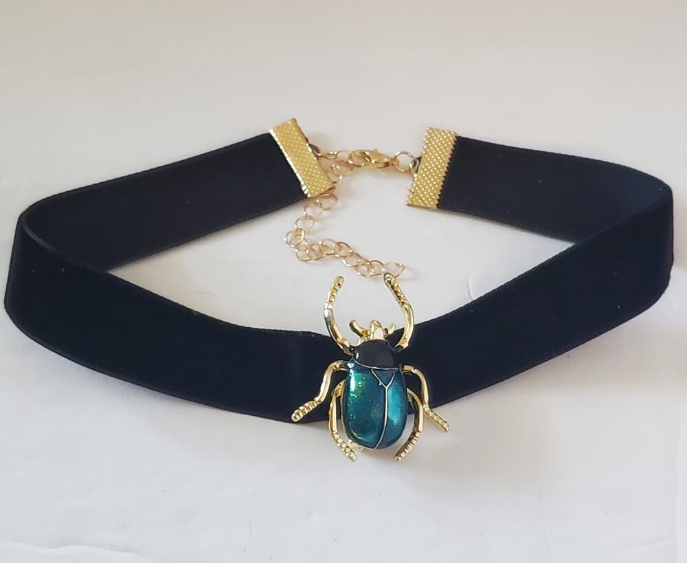 Scarab Beetle Pin Green 1" & Faux Velvet Choker Egyptian Mythology Academia